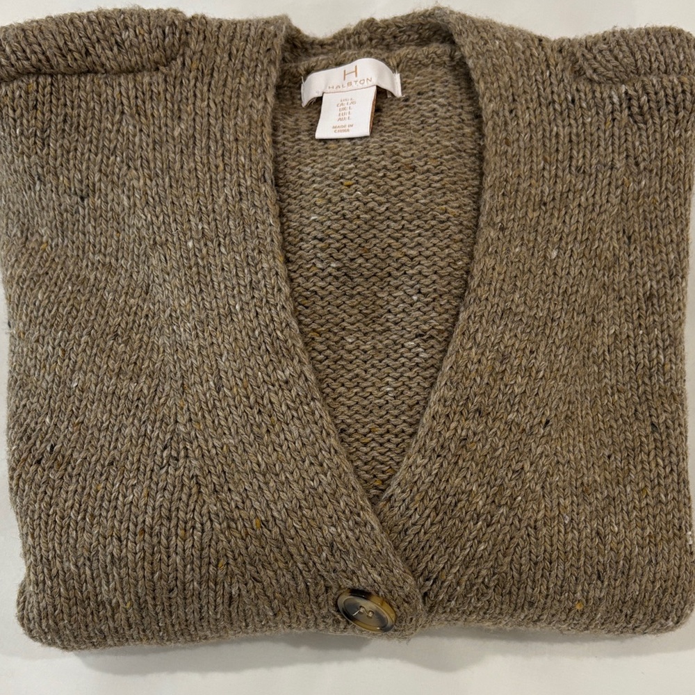 Halston Heritage Taupe Knit V-Neck Button Cardigan